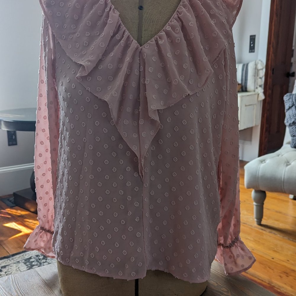 LOFT Textured Dot Blouse Flutter Collar Top Size M